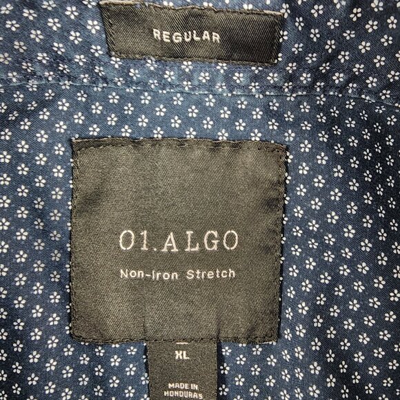 01.Algo Shirt Mens XL Navy White Flower Stretch Long Sleeve Button-Front - Picture 3 of 7